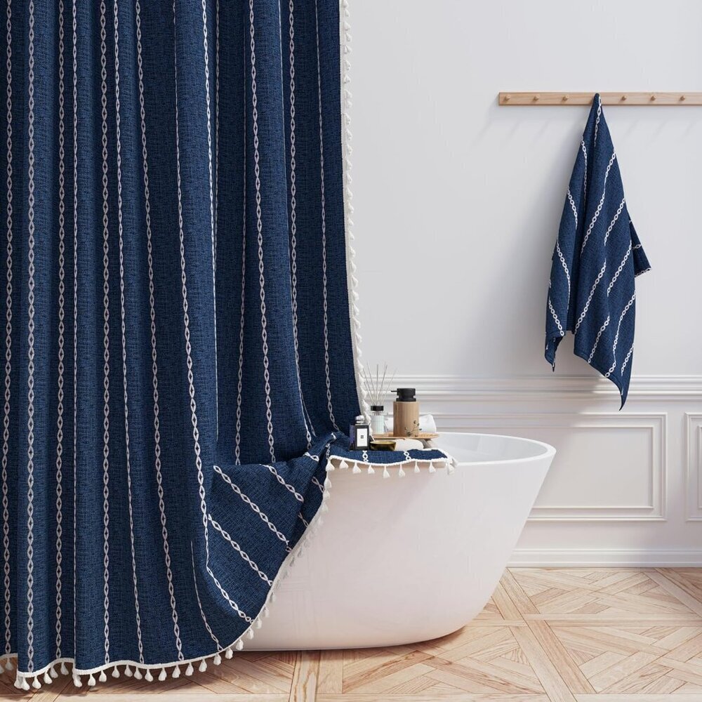 Elegant Navy Blue Linen Blend Shower Curtain - Bohemian Farmhouse Style 72x72